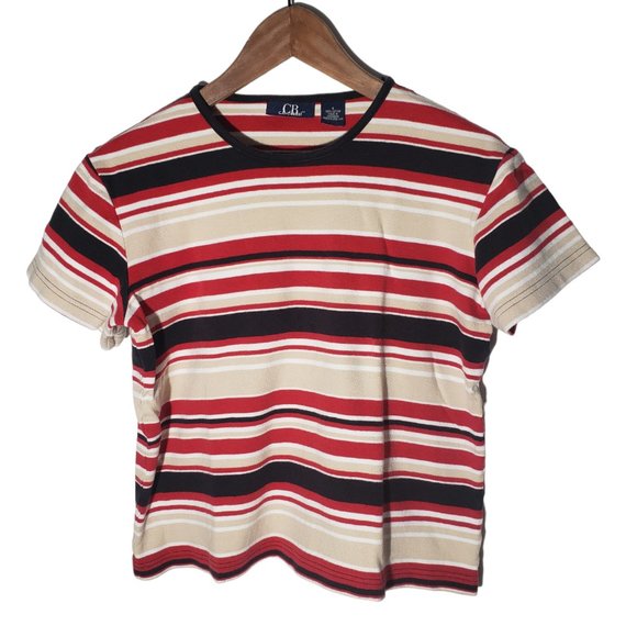 Stripped, dressy, t-shirt, red, black, beige and white, C.B. Casual, size S - Picture 1 of 7